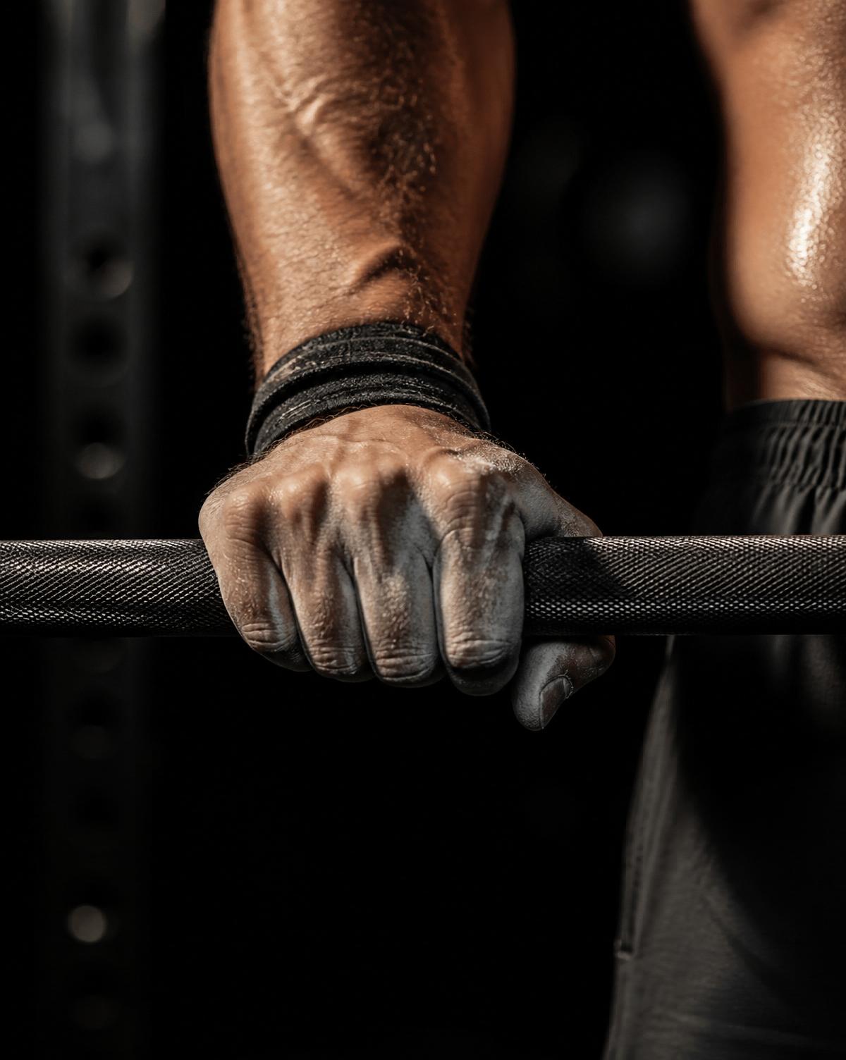 Chalked hand gripping a knurled barbell