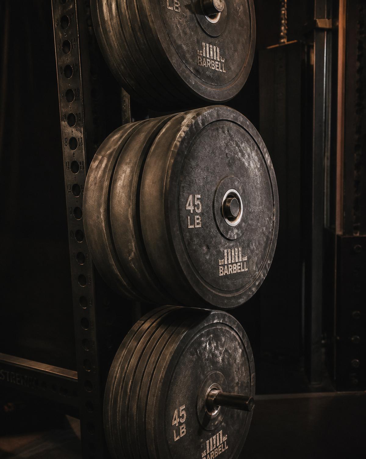 Stack of 45 lb bumper plates on a rack